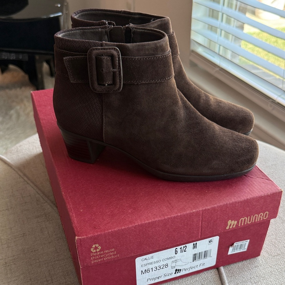Munro Espresso Suede Ankle Booties with Buckle